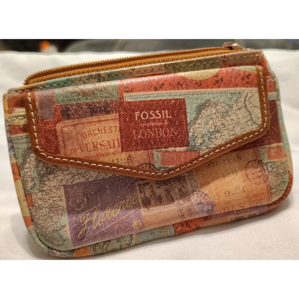 Fossil Mini Leather Wallet Coin Purse Vintage Retired European Map Travel Stamp